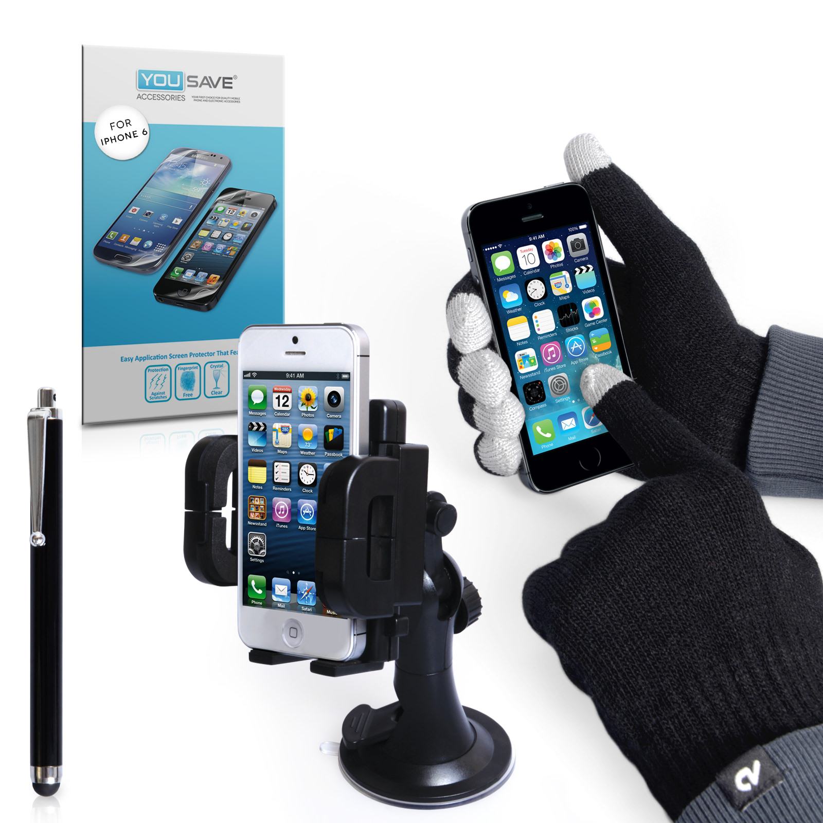 iPhone 6 Plus and 6s Plus / 6s Accessory Bundle Screen Protector, Touch Screen Gloves, Stylus, Car Holder