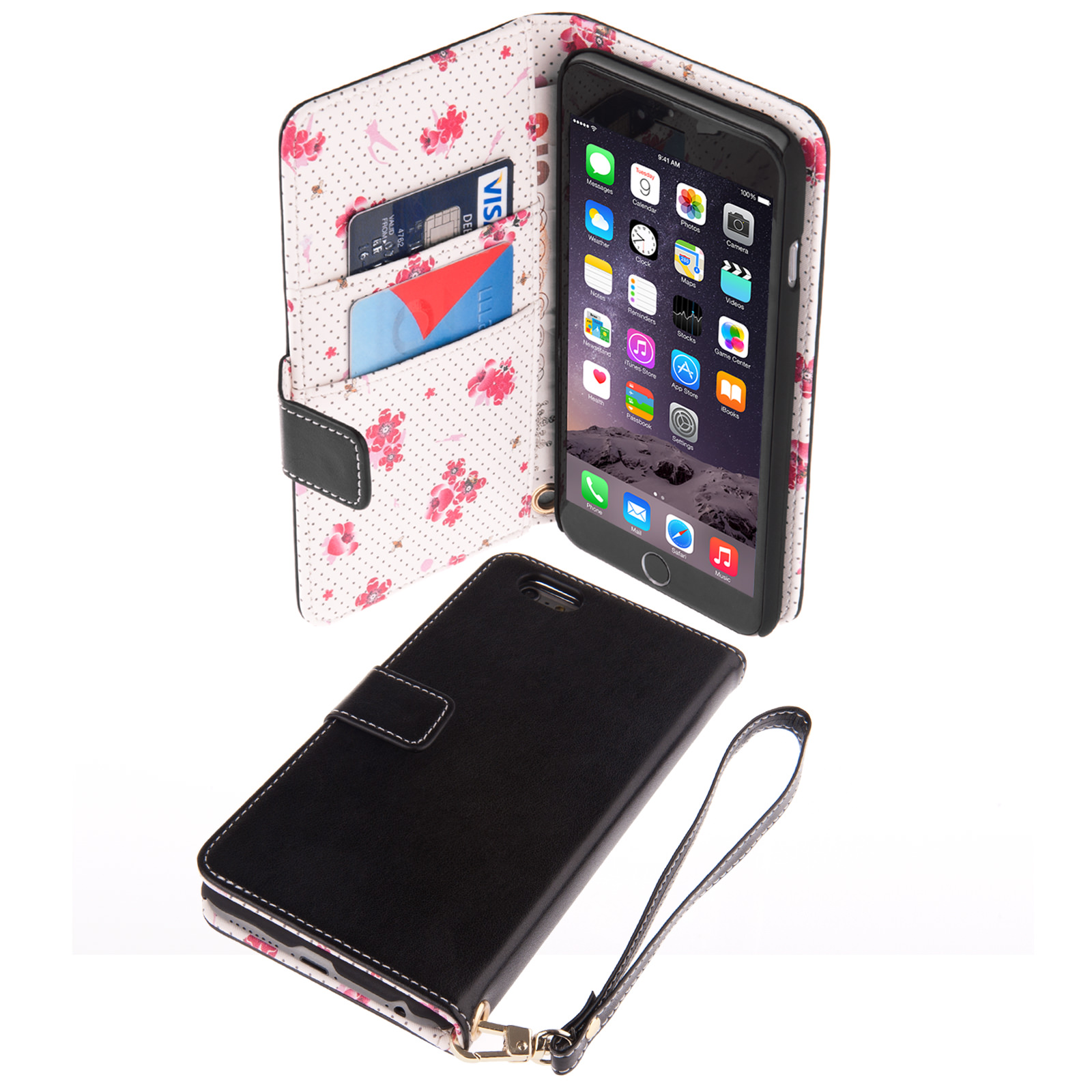 Caseflex iPhone 6 Plus and 6s Plus Leather-Effect Wallet Case – Black with Floral Lining
