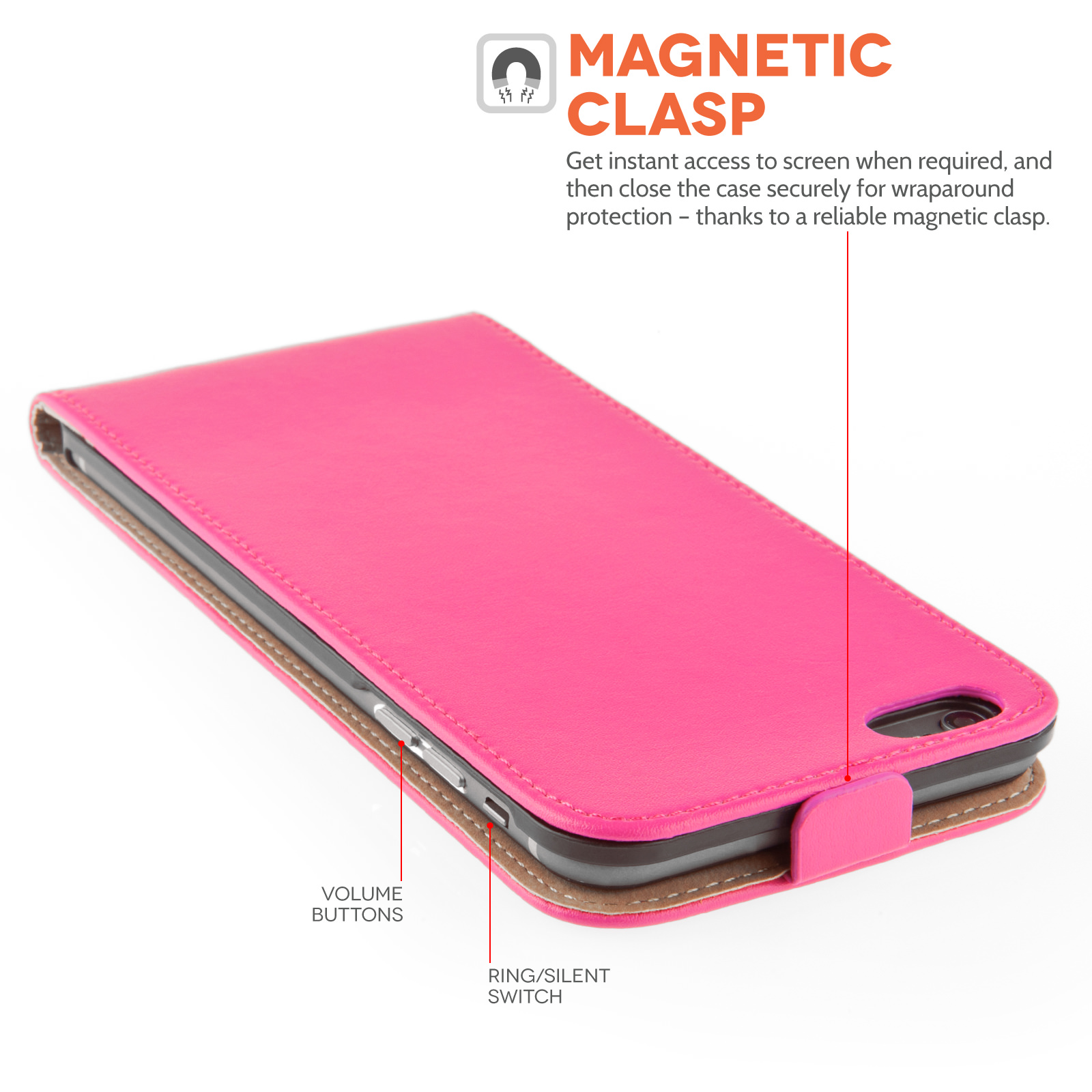 Caseflex iPhone 6 Plus and 6s Plus Real Leather Flip Case - Hot Pink