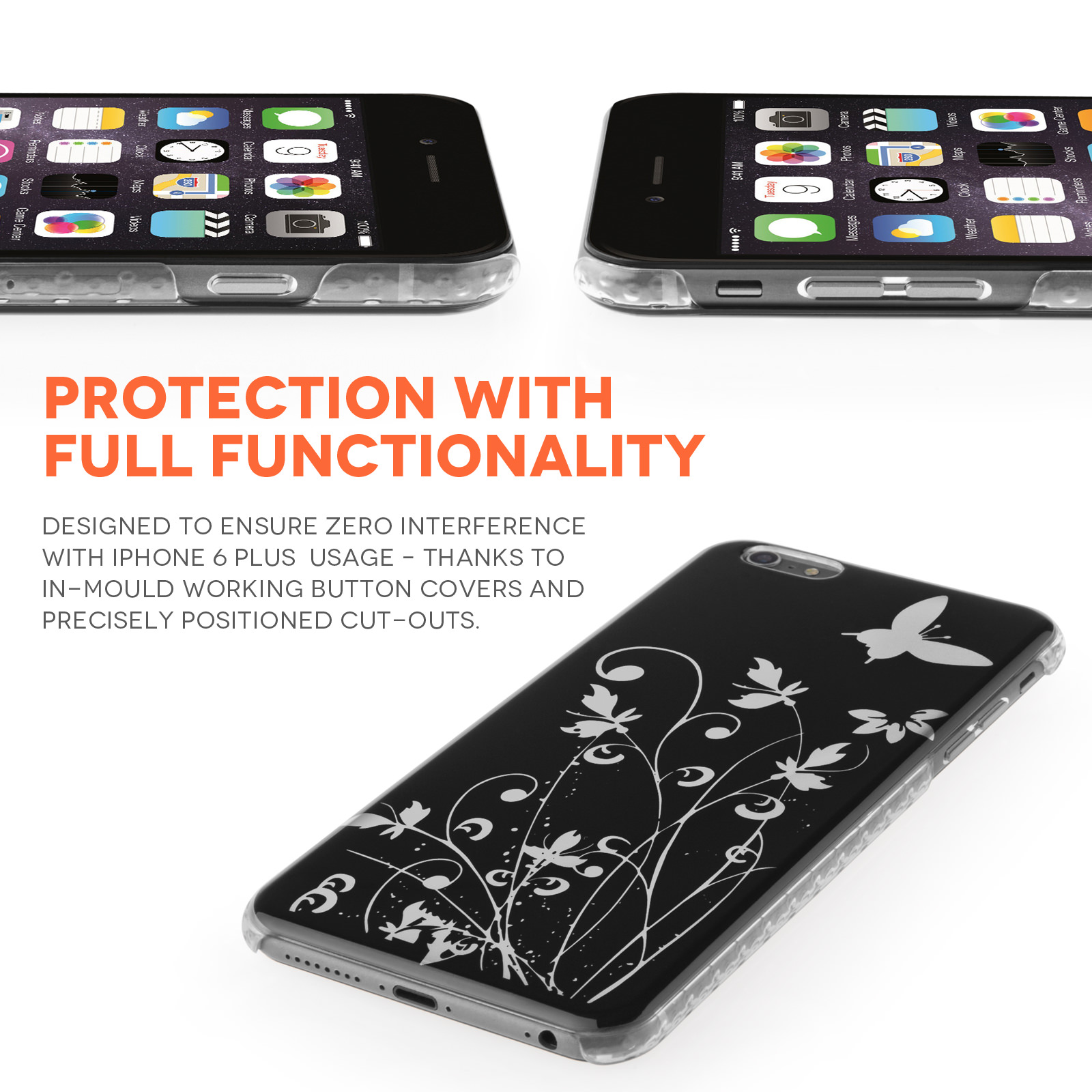 YouSave iPhone 6 Plus and 6s Plus Floral Butterfly Hard Case - Black-Silver