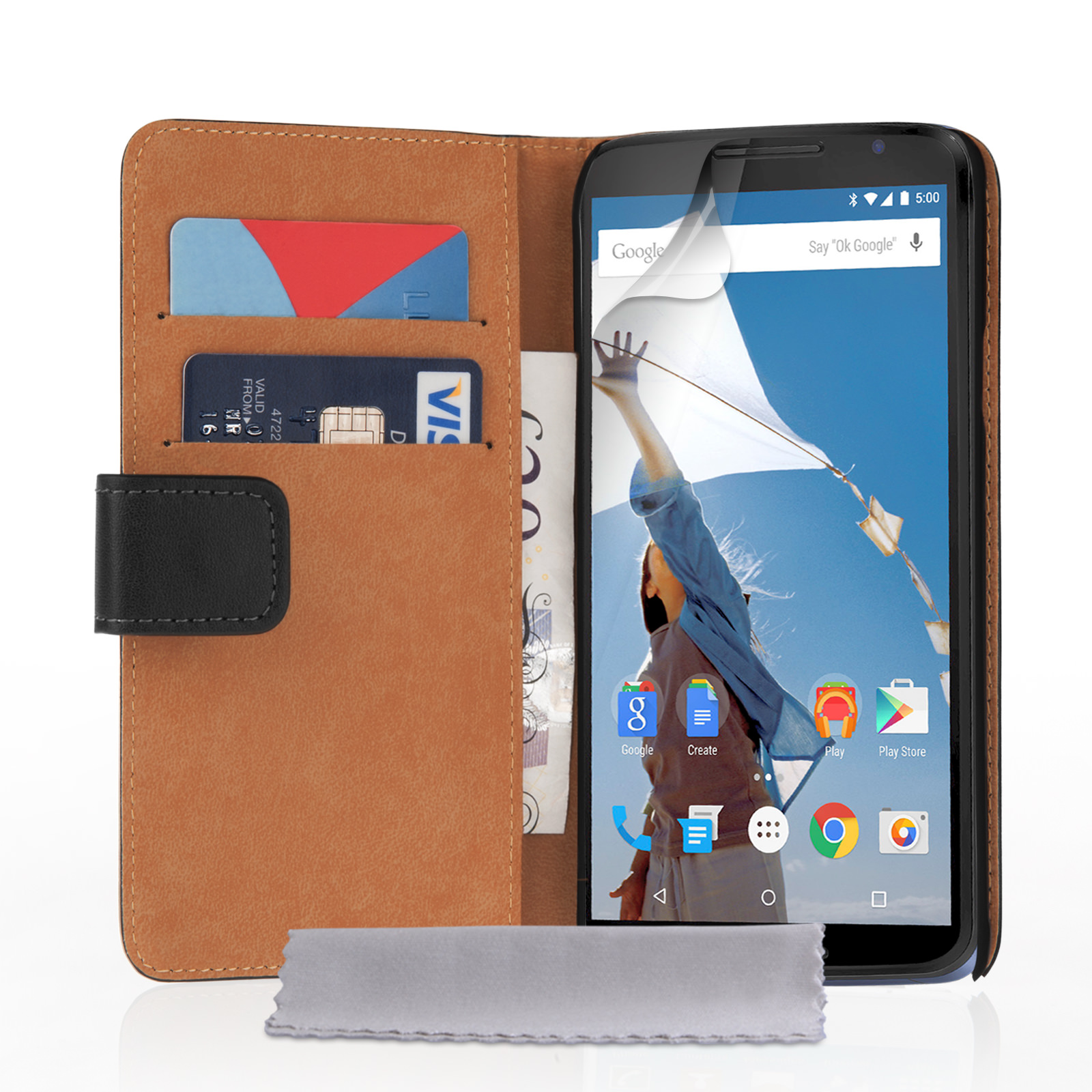 Caseflex Google Nexus 6 Real Leather Wallet Case - Black