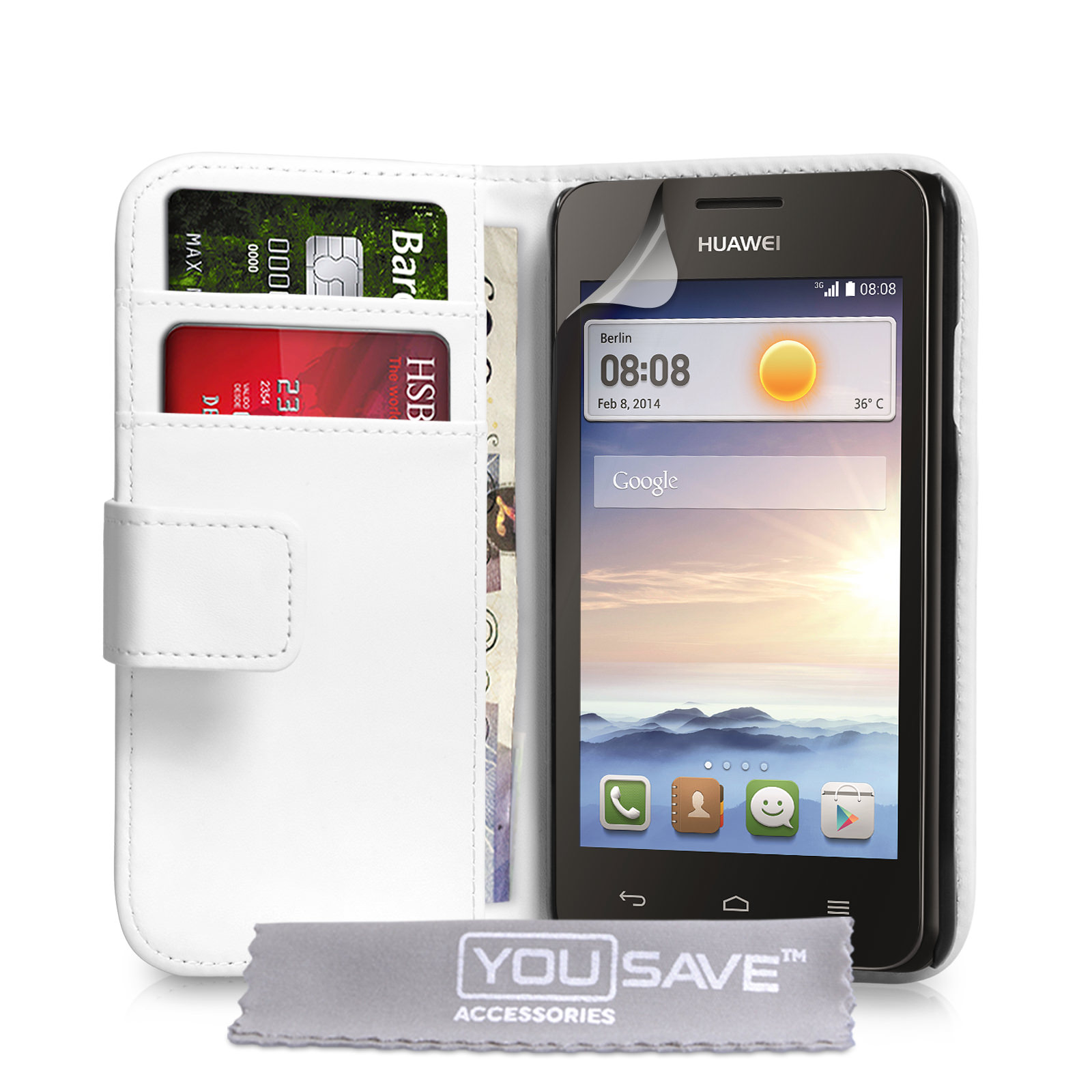 YouSave Huawei Ascend Y330 Leather-Effect Wallet Case - White