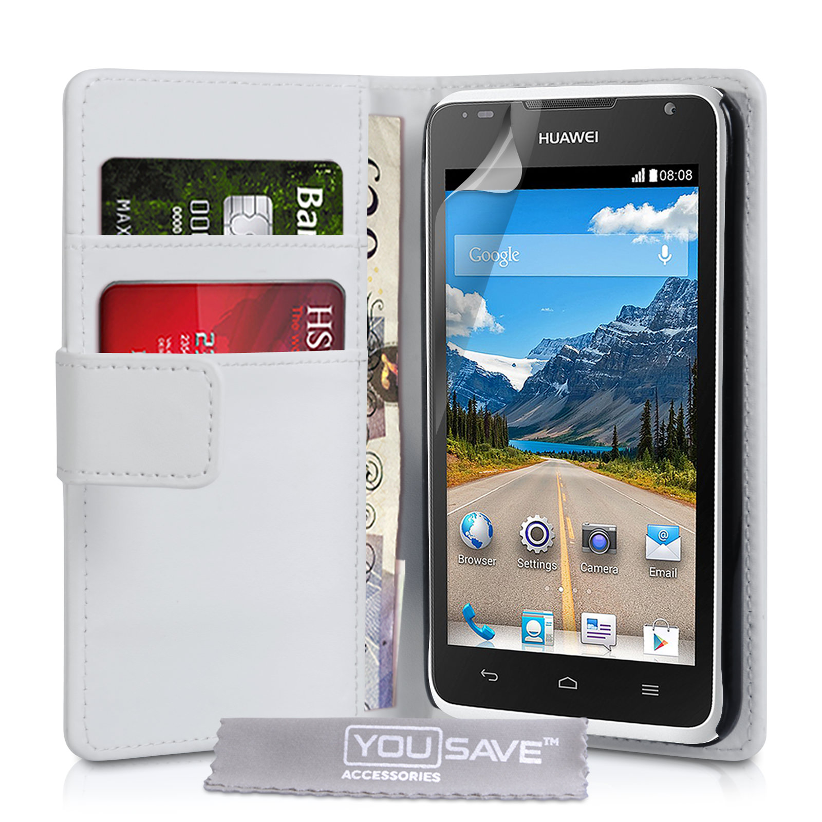 YouSave Huawei Ascend Y530 Leather-Effect Wallet Case - White