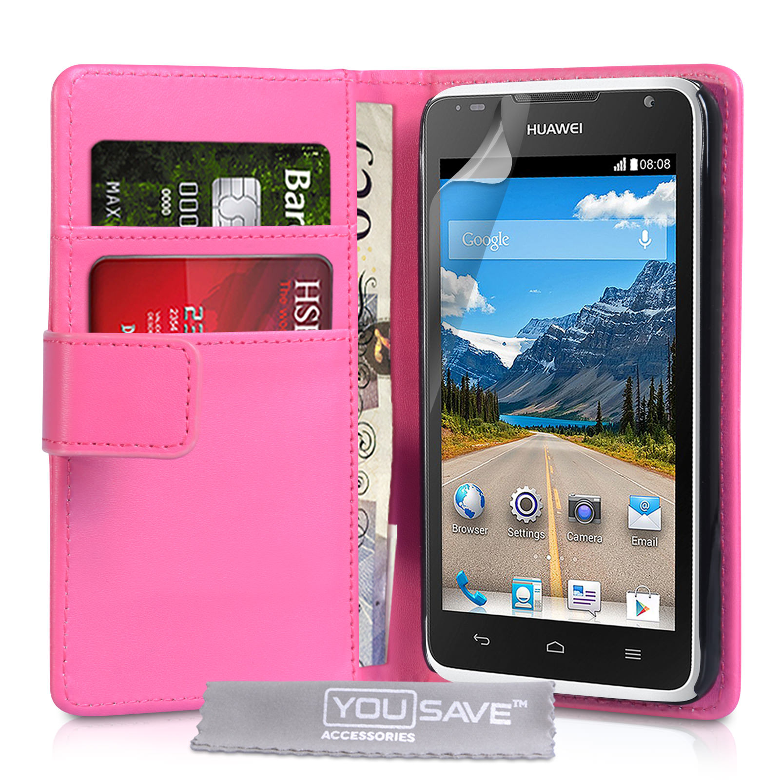 YouSave Huawei Ascend Y530 Leather-Effect Wallet Case - Hot Pink