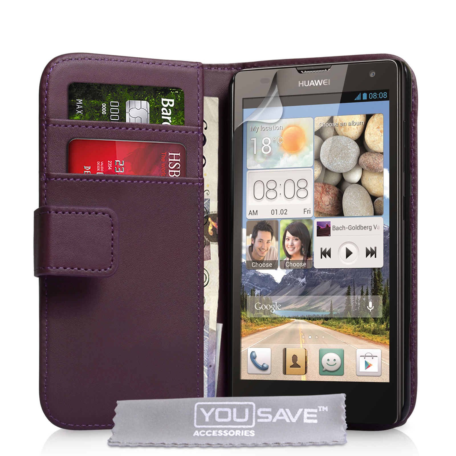 YouSave Huawei Ascend G740 Leather-Effect Wallet Case - Purple