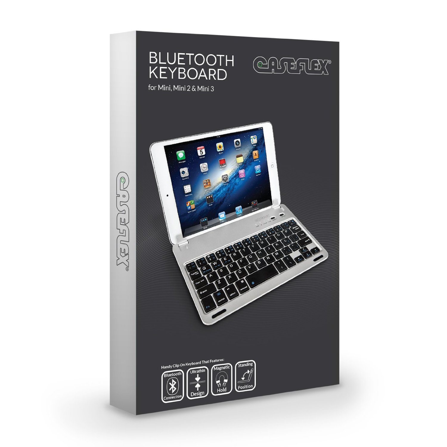 Caseflex Ultra Thin Silver Bluetooth Keyboard With Magnetic Grip & Holding Stand for iPad Mini, Mini 2, & Mini 3