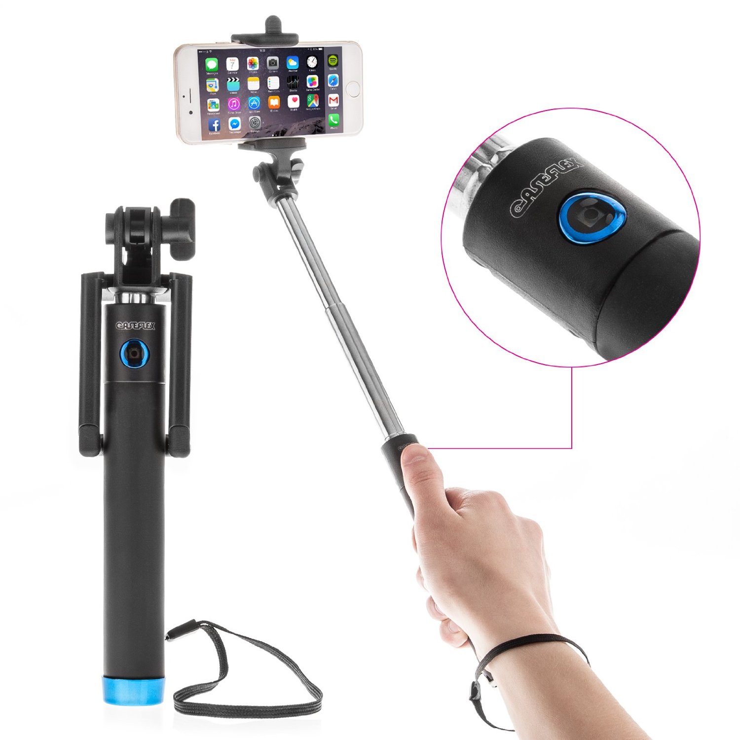 Caseflex Bluetooth Selfie Stick With Built In Remote - Blue