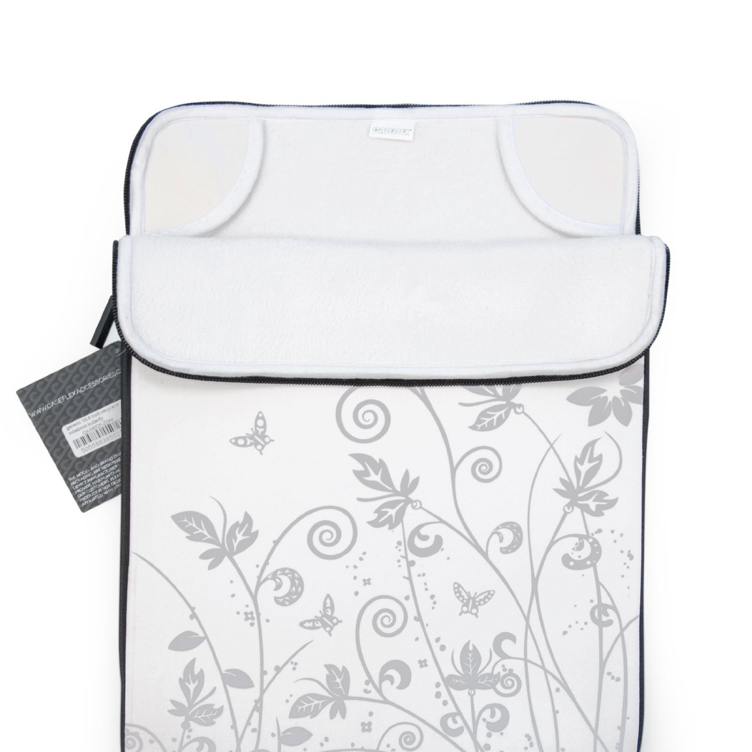 Caseflex 15.6 Inch  Laptop Case White / Silver Floral Butterfly Neoprene Sleeve Cover
