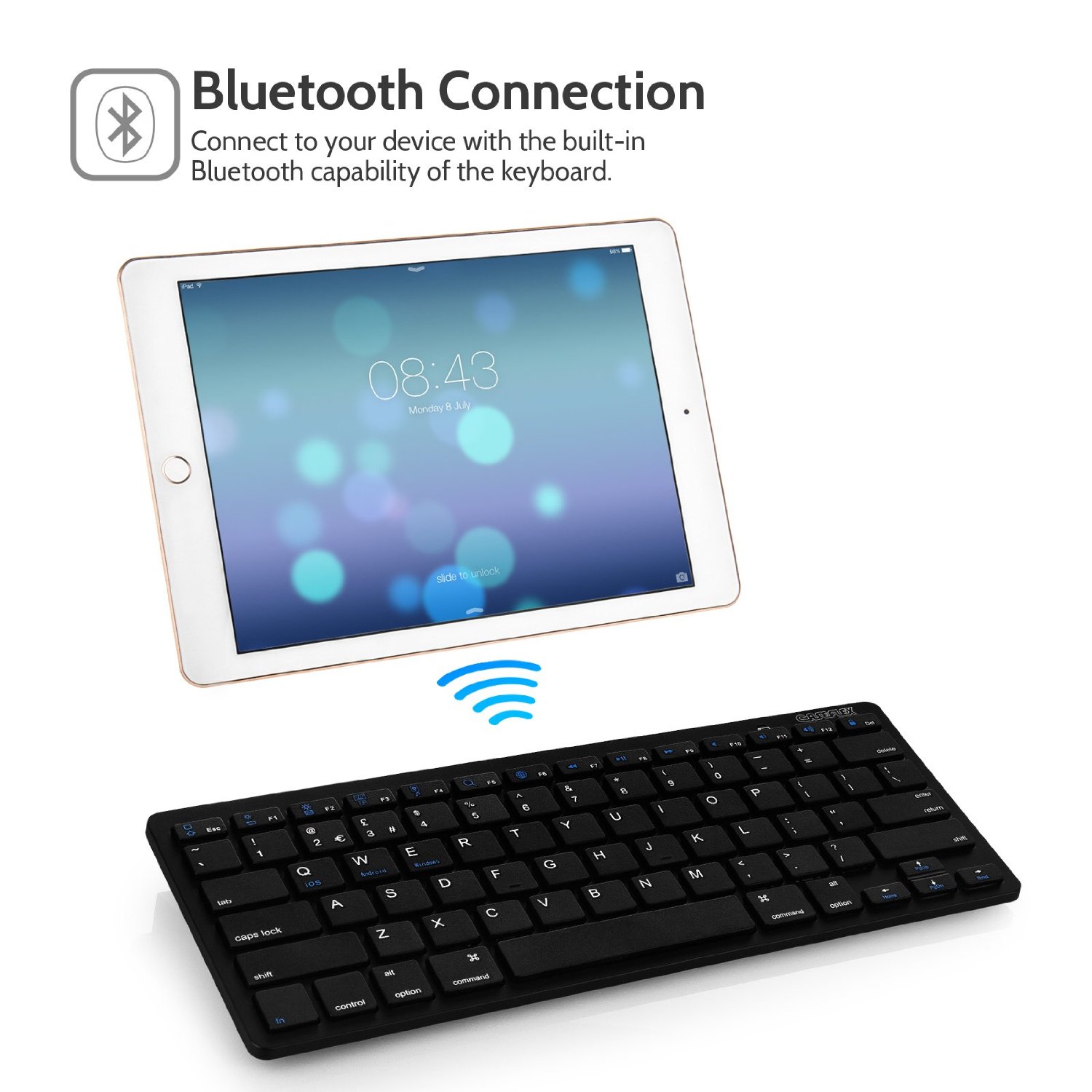 Caseflex Ultra Slim Wireless Bluetooth Keyboard for All iOS, iPad, Android, Mac, & Windows Devices - Black