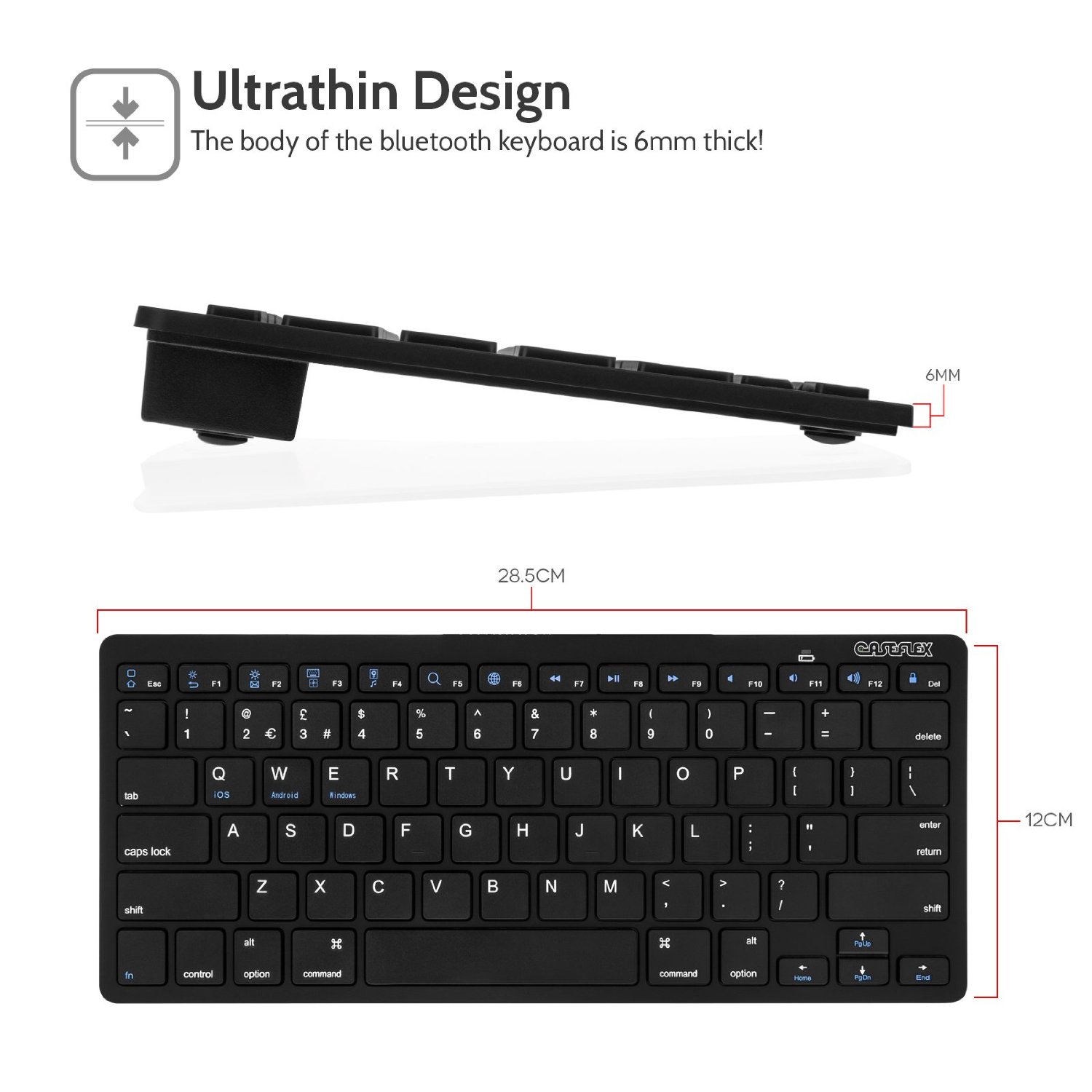 Caseflex Ultra Slim Wireless Bluetooth Keyboard for All iOS, iPad, Android, Mac, & Windows Devices - Black