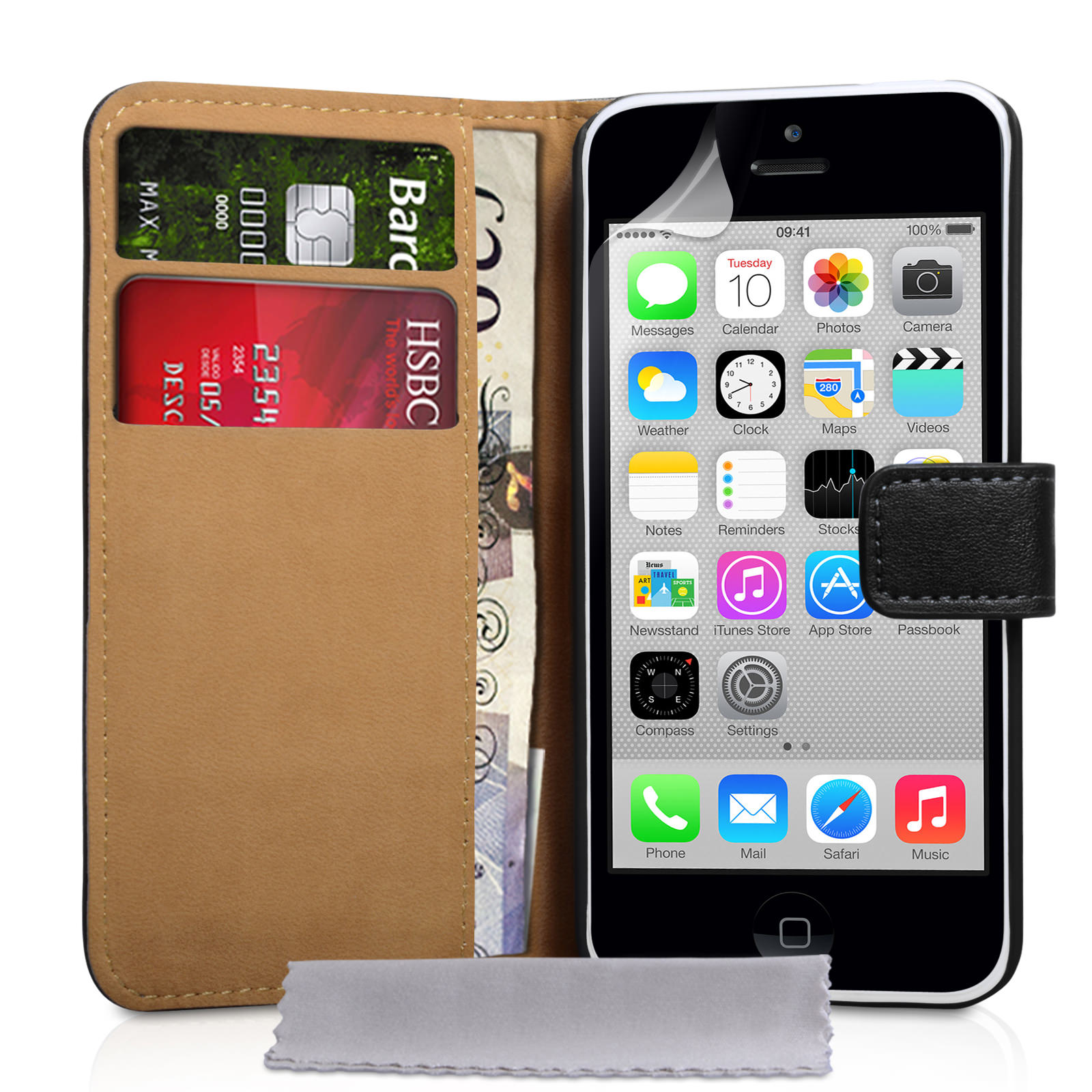 Yousave Accessories iPhone 5C Real Leather Wallet Stand Case - Black
