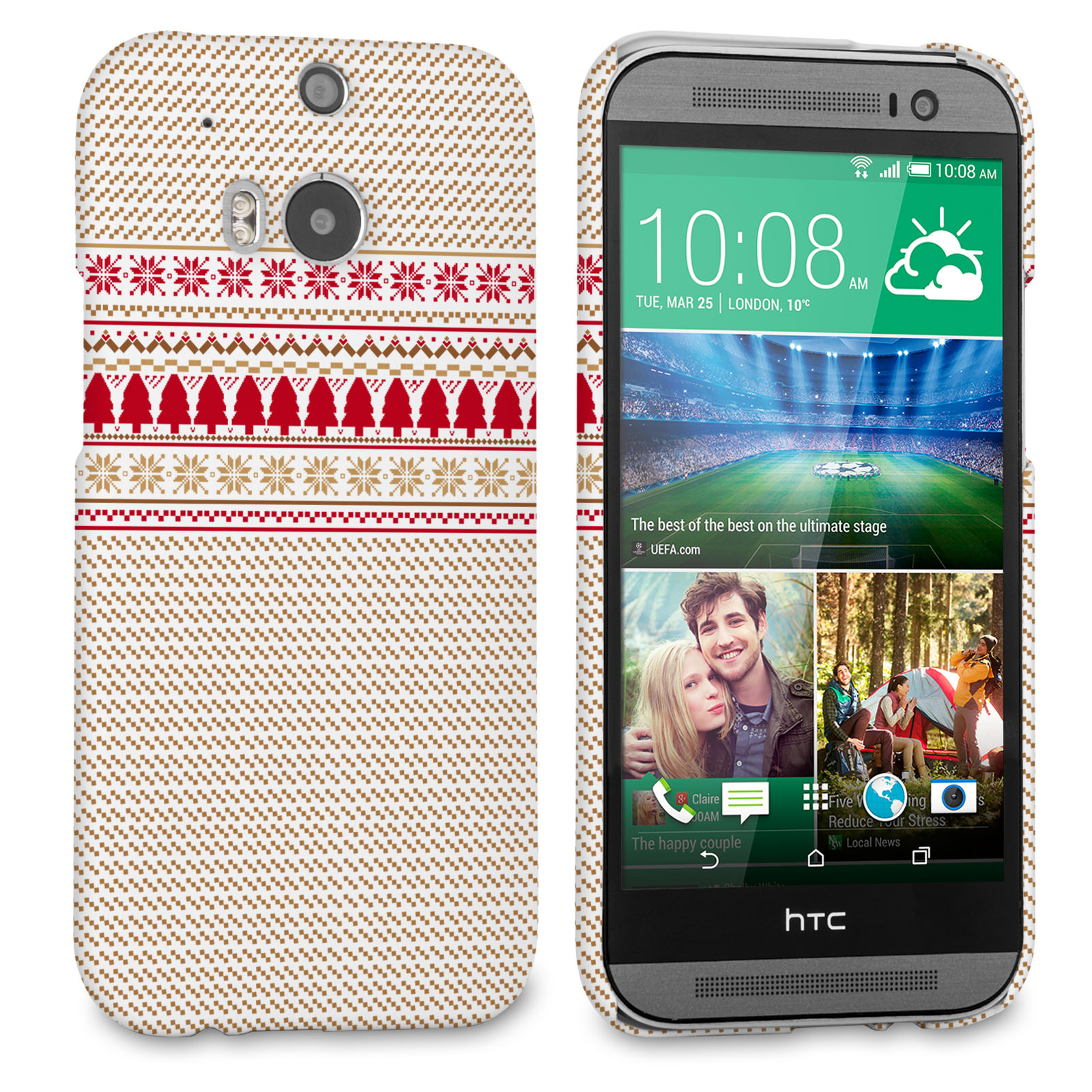 Caseflex HTC One M8 Christmas Knitted Snowflake Jumper Hard Case - Brown / Red / White