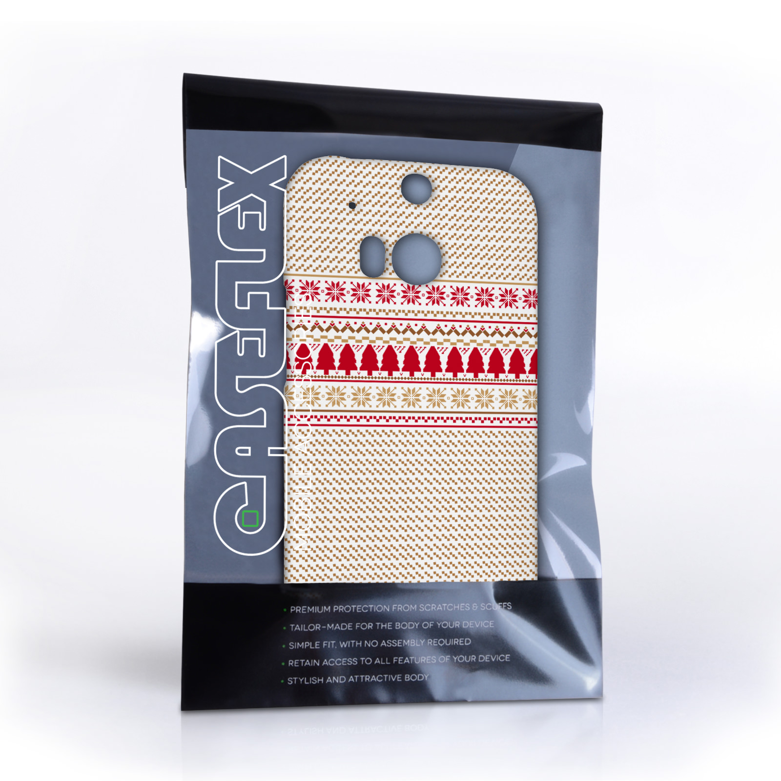 Caseflex HTC One M8 Christmas Knitted Snowflake Jumper Hard Case - Brown / Red / White