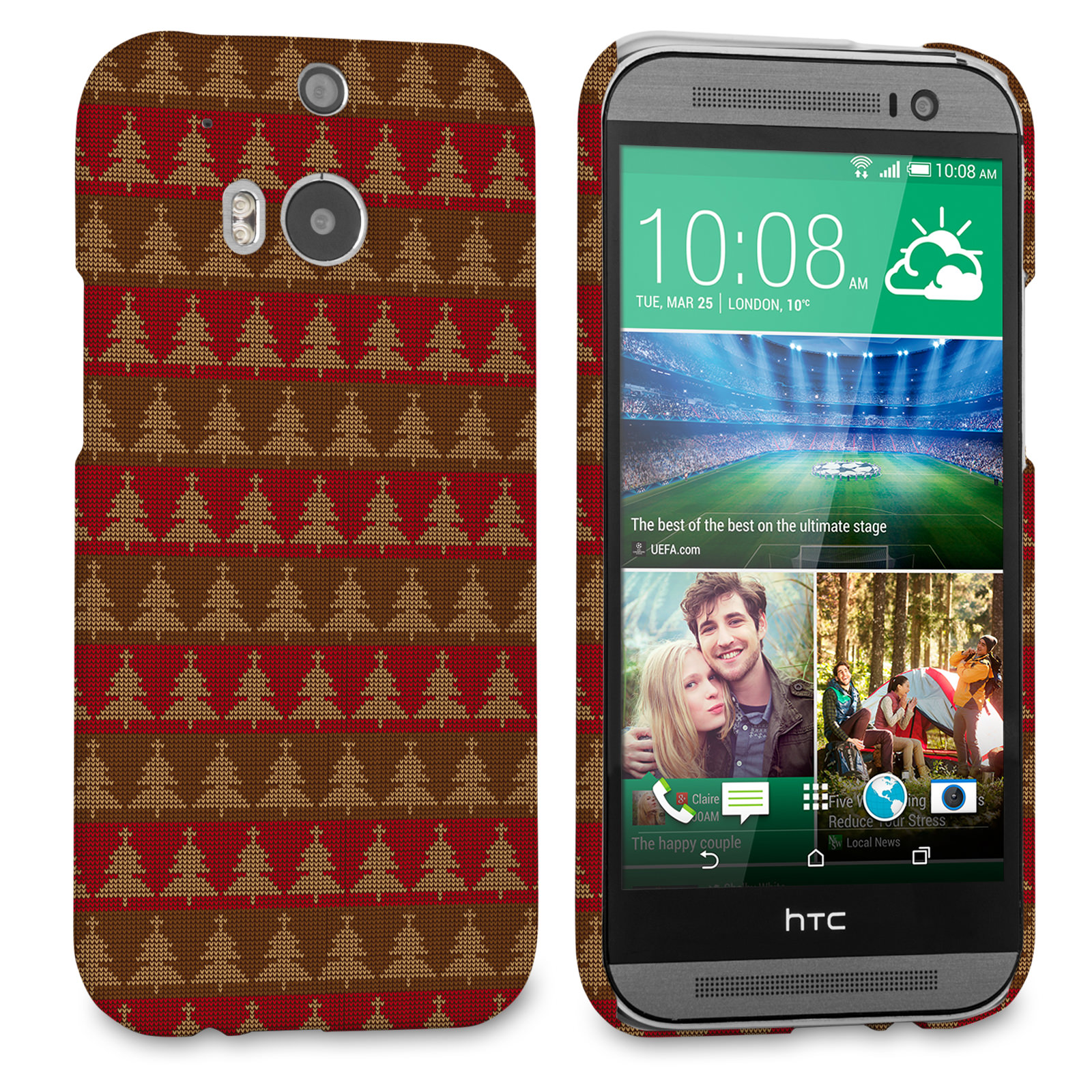 Caseflex HTC One M8 Christmas Tree Knit Jumper Hard Case - Brown / Red
