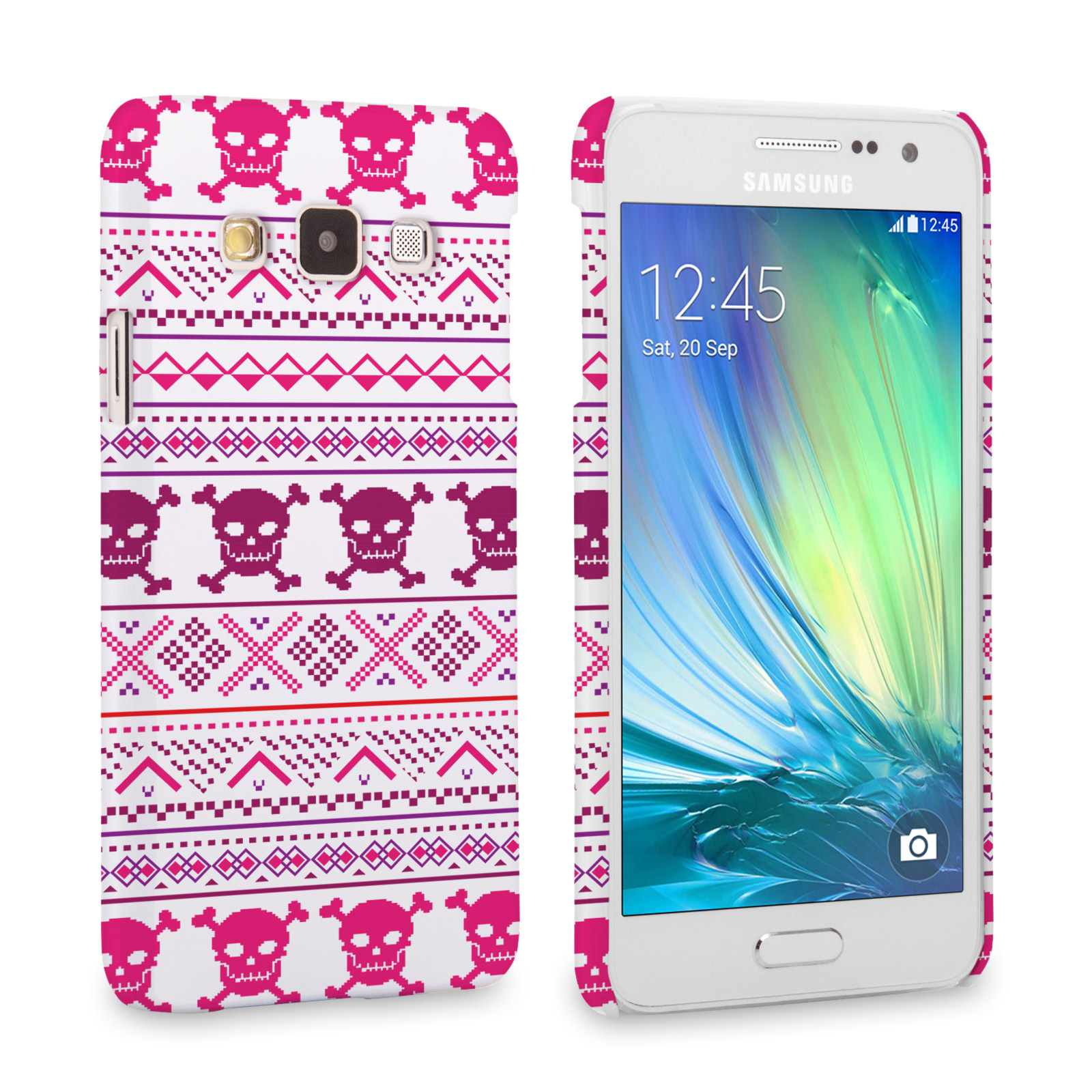 Caseflex Samsung Galaxy A3 Fairisle Case – Pink Skull White Background