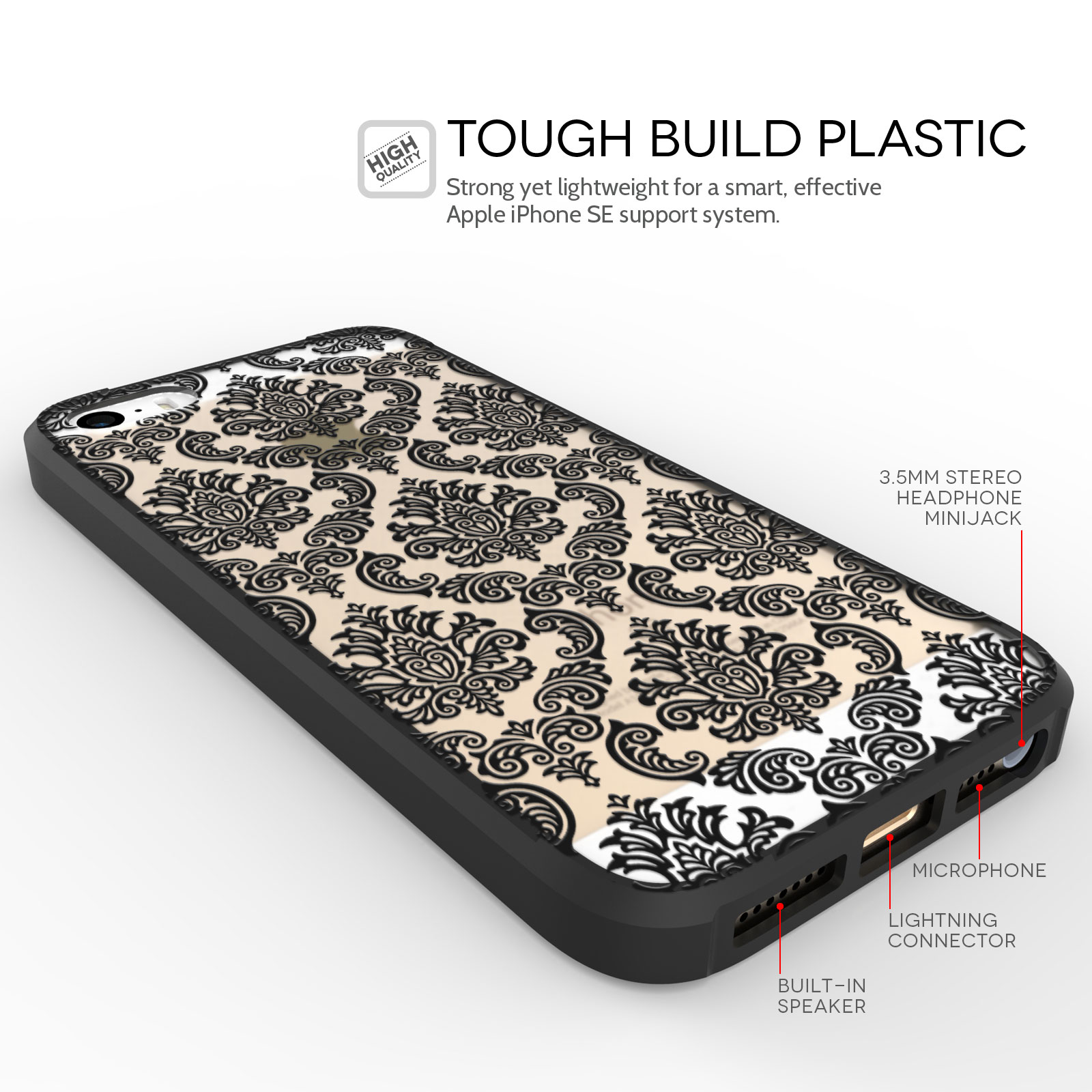 Yousave Accessories iPhone 5 and SE TPU Patterned Hard Case - Damask Black