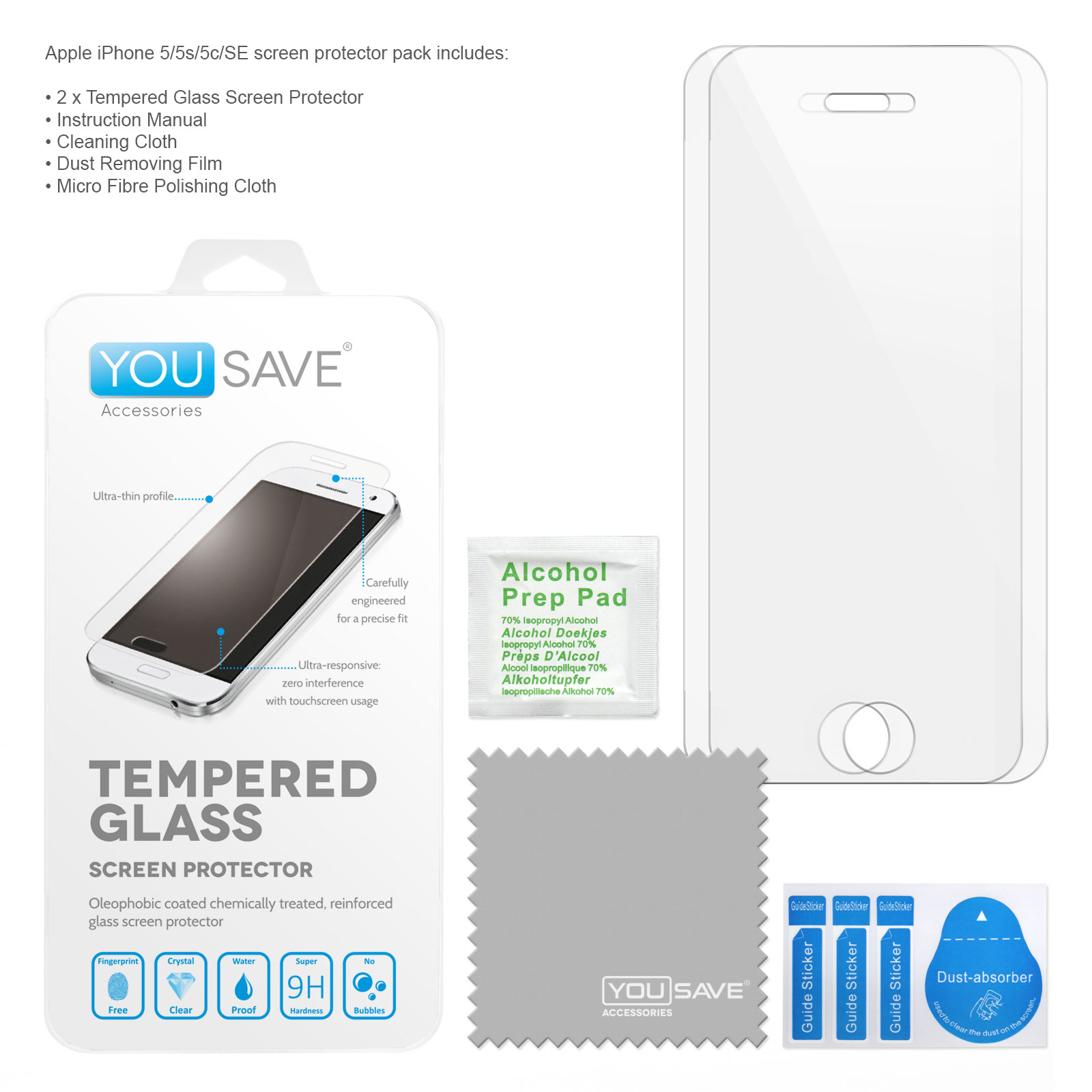 Yousave Accessories iPhone SE / 5s / 5C Glass Screen Protector - Twin Pack