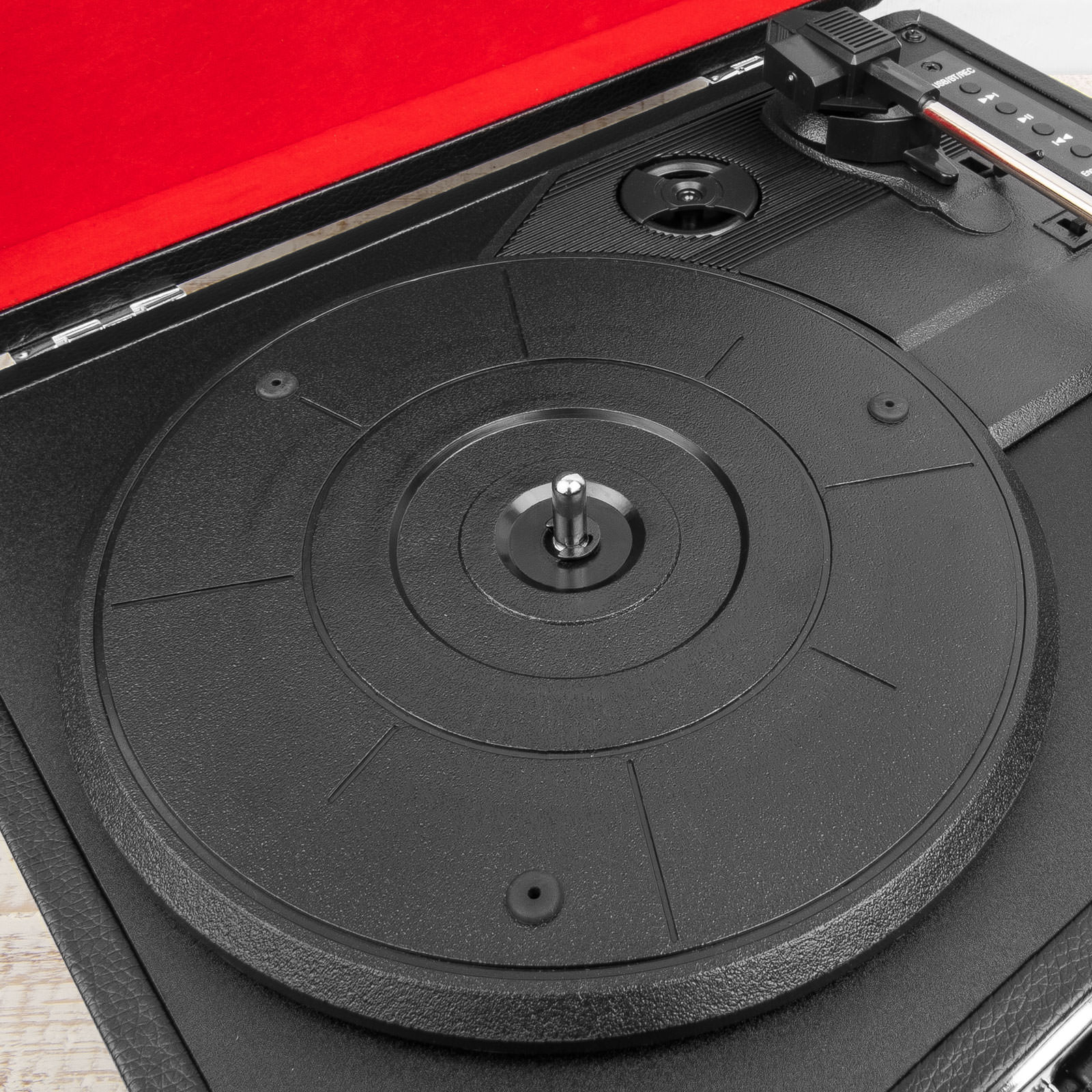 Caseflex Turntable Record Player Briefcase [3 Speed] Vinyl Recorder & MP3 Player with Built-In Bluetooth Stereo Speakers - Black & Red