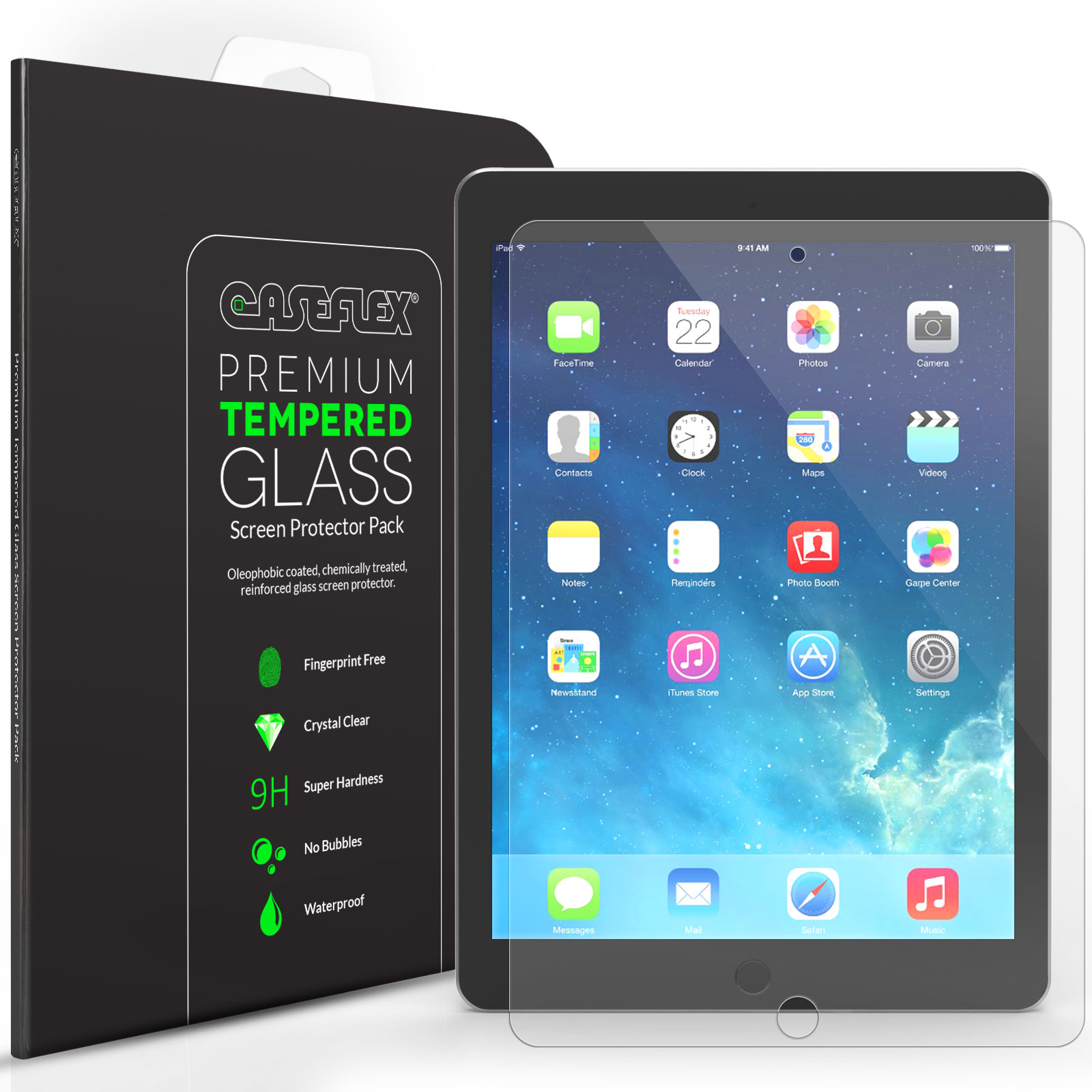 Caseflex iPad Air / Air 2 Tempered Glass Screen Protector [Retina Display Compatible 0.2mm Thickness / 9H Hardness Rating]