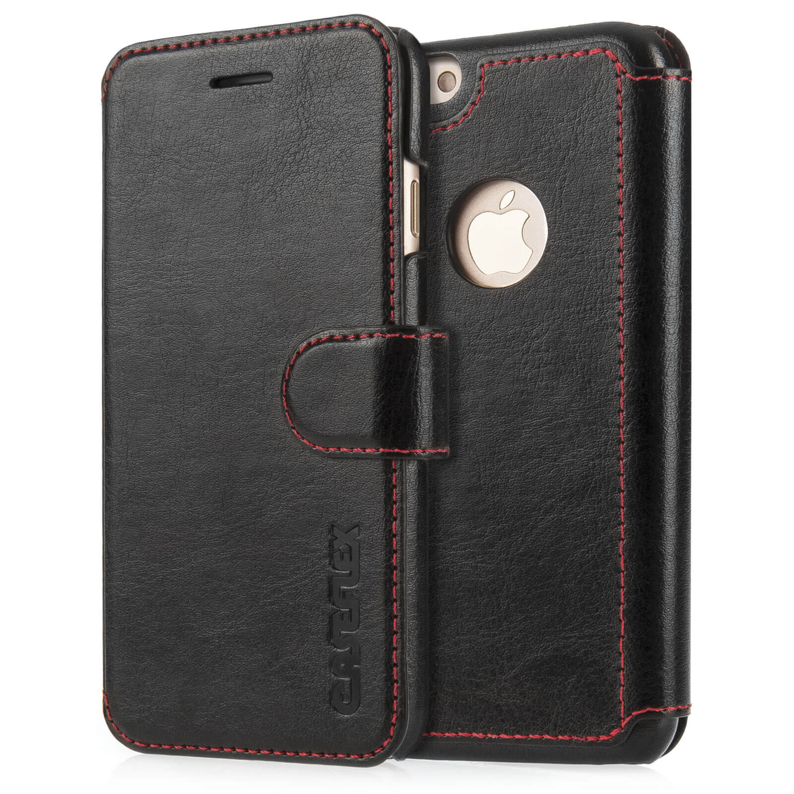 Caseflex iPhone 7 Leather Effect Wallet Case - Black with Red Lining