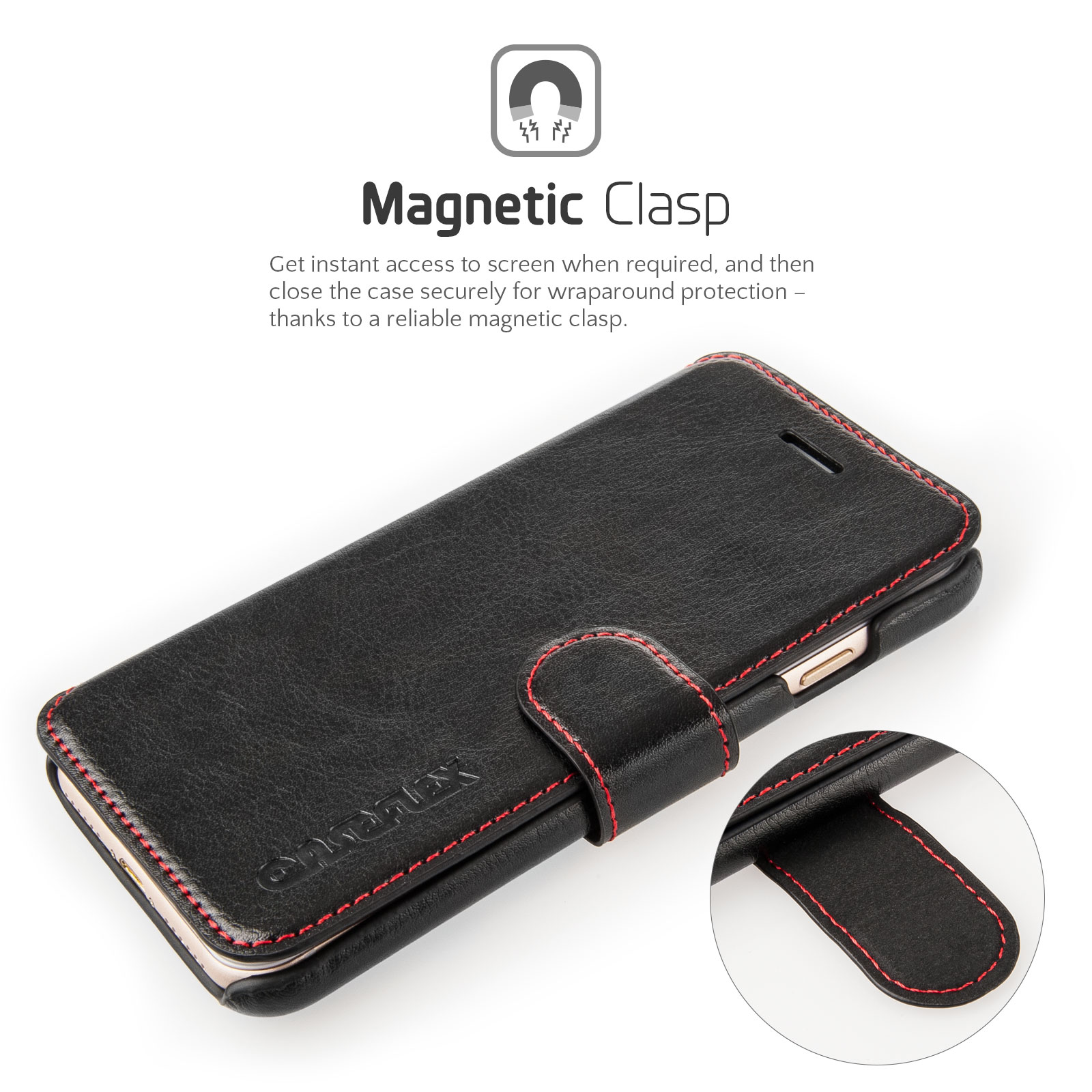 Caseflex iPhone 7 Leather Effect Wallet Case - Black with Red Lining