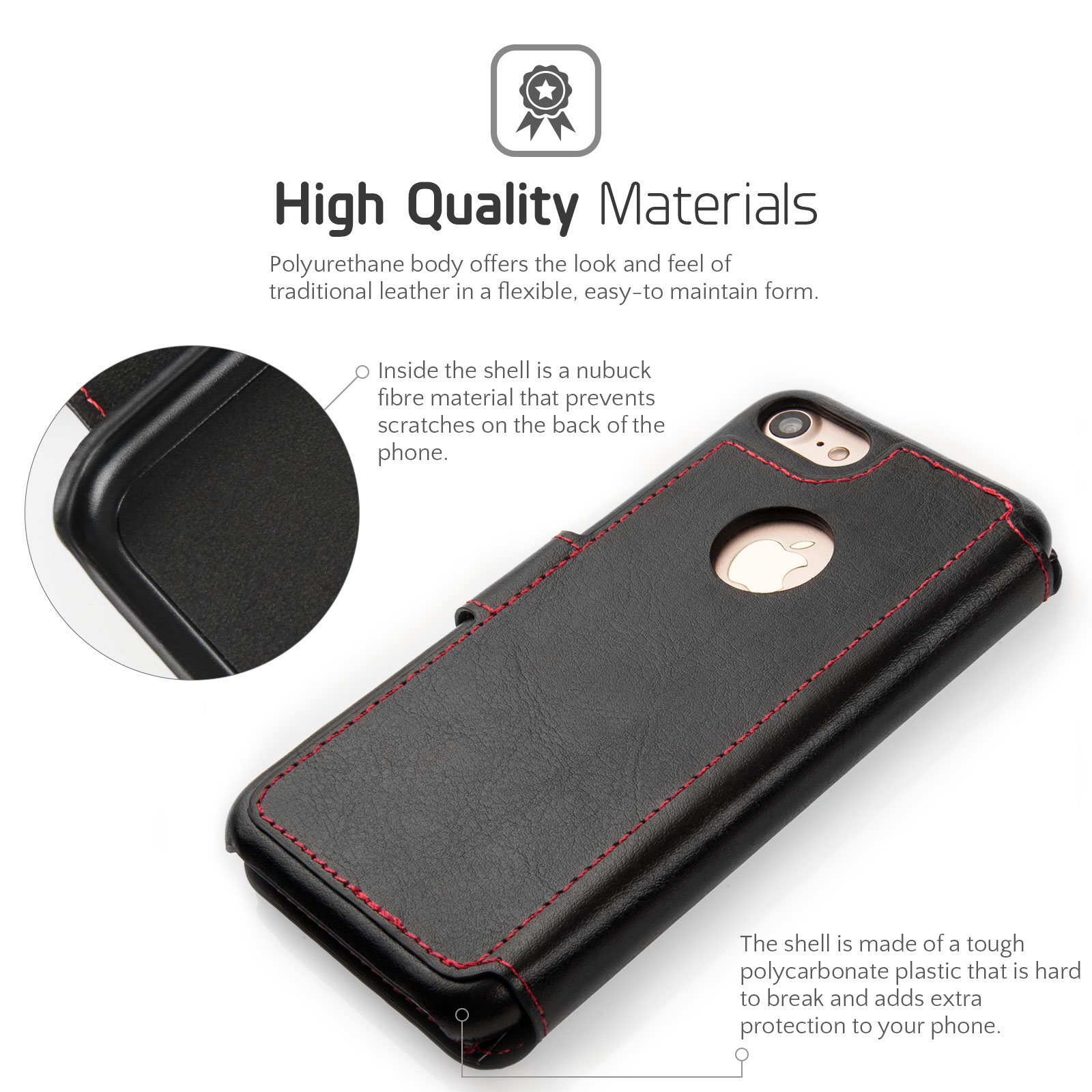 Caseflex iPhone 7 Leather Effect Wallet Case - Black with Red Lining