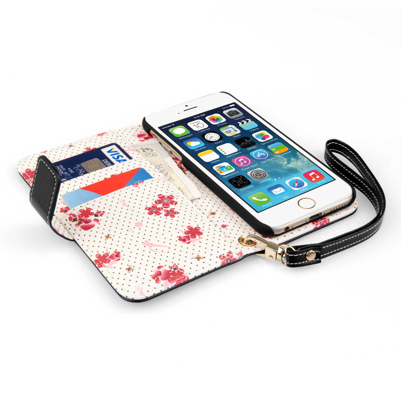 Caseflex iPhone 6 and 6s Leather-Effect Wallet Case – Black with Floral Lining