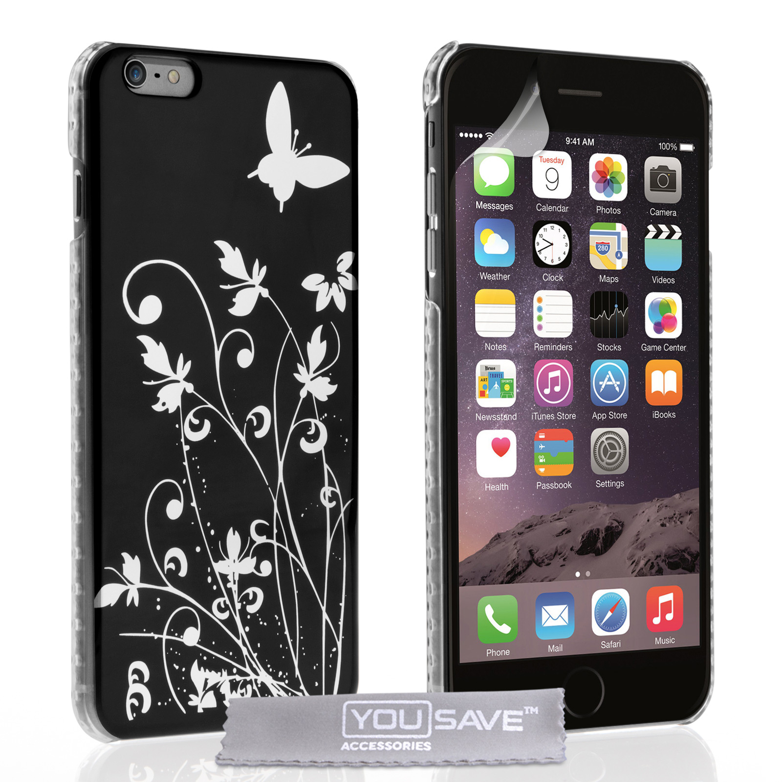 YouSave iPhone 6 Plus and 6s Plus Floral Butterfly Hard Case - Black-Silver