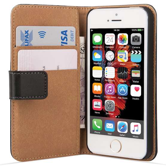 Caseflex iPhone SE Real Leather Wallet Case - Black