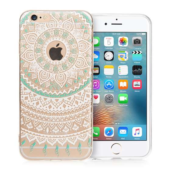 YouSave iPhone 6 and 6s TPU Mandala Printed Pattern Clear Gel Case - Turquoise-White