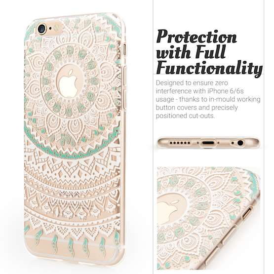 YouSave iPhone 6 and 6s TPU Mandala Printed Pattern Clear Gel Case - Turquoise-White