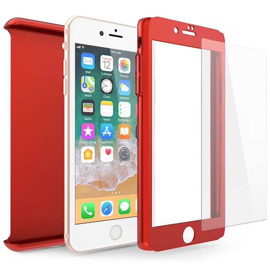 iPhone 8 PC Hybrid Case W/ Tempered Glass Cover - Red