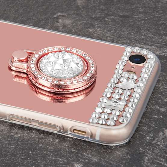 iPhone 8 Case, Mirrored TPU Gel - BLING Case - Jewelled Design - Ring Stand - Slim Soft Back Cover - Rose Gold