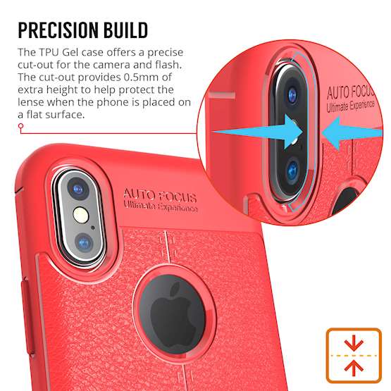 iPhone X Case, Auto Camera Focus | Leather Effect Design | TPU Gel Back Cover - Red
