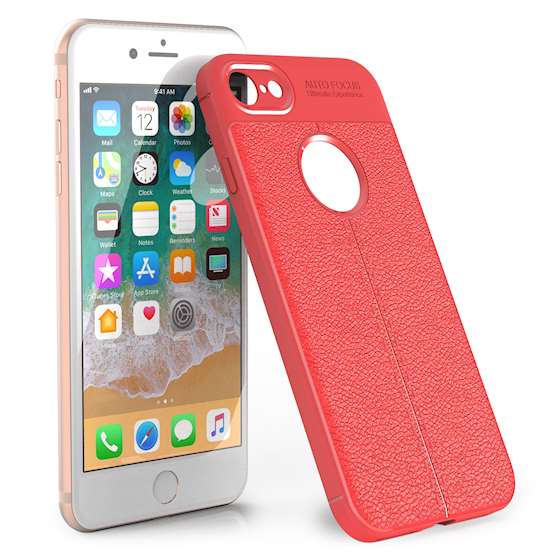 iPhone 8 Case | Auto Camera Focus | Leather Effect Design | TPU Gel Back Cover - Red
