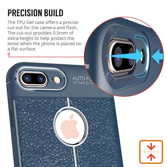 iPhone 8 Plus Case | Auto Camera Focus | Leather Effect Design | TPU Gel Back Cover - Blue