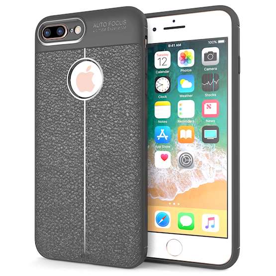 iPhone 8 Plus Case | Auto Camera Focus | Leather Effect Design | TPU Gel Back Cover - Grey