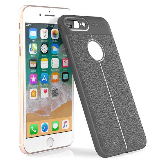 iPhone 8 Plus Case | Auto Camera Focus | Leather Effect Design | TPU Gel Back Cover - Grey