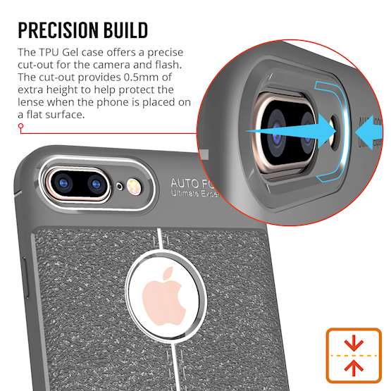 iPhone 8 Plus Case | Auto Camera Focus | Leather Effect Design | TPU Gel Back Cover - Grey