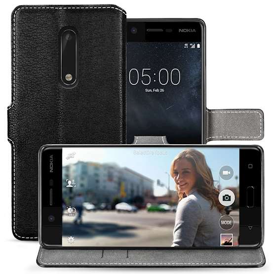 Nokia 5 PU Leather Slim Wallet Stand Case - Black