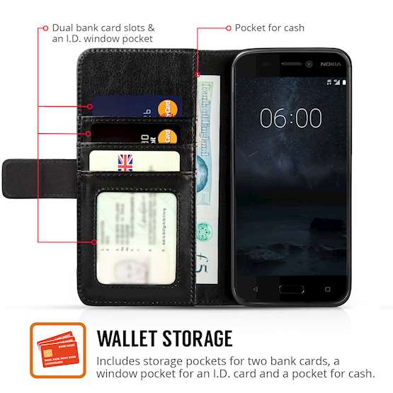 Nokia 6 Id Real Leather Wallet - Black