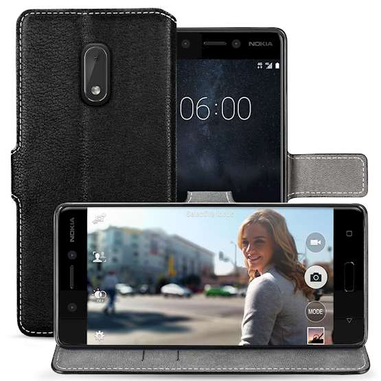 Nokia 6 PU Leather Slim Wallet Stand Case - Black