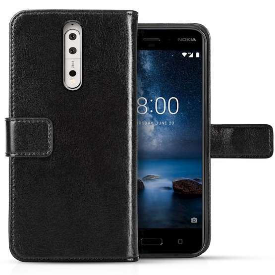 Nokia 8 Leather Wallet Case | ID Driving License Slot | Shockproof Protection | Folio Cover With Cash slots, Card Compartments & Magnetic Closure - Black