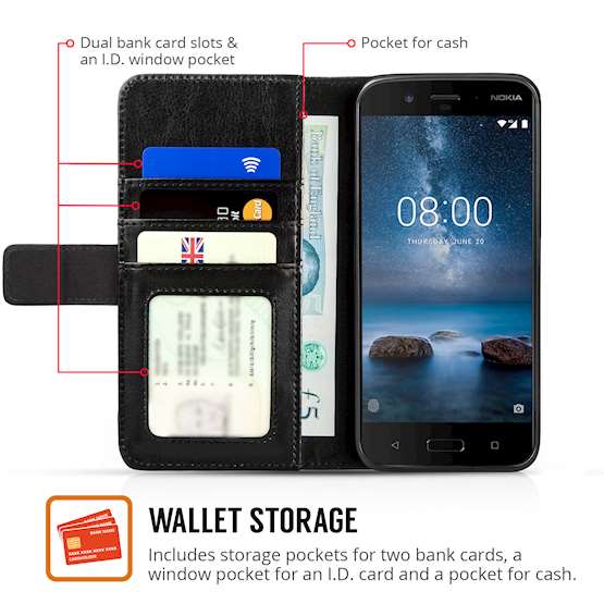 Nokia 8 Leather Wallet Case | ID Driving License Slot | Shockproof Protection | Folio Cover With Cash slots, Card Compartments & Magnetic Closure - Black
