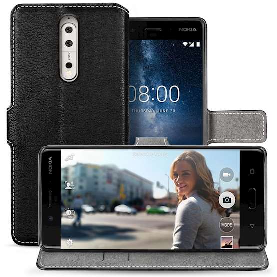 Nokia 8 Case, Nokia 8 Leather Case | Magnetic Close Clasp For Easy Call Answering | | Viewing Stand Function |  2 Card Slots - Black