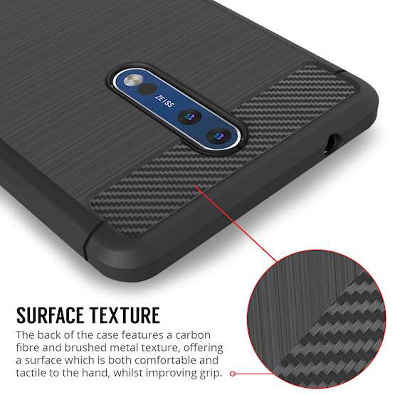 Nokia 8 Case, Carbon Fibre Textured Gel Cover | Shock Absorbing | Lightweight & Slim TPU Gel Protection - Black