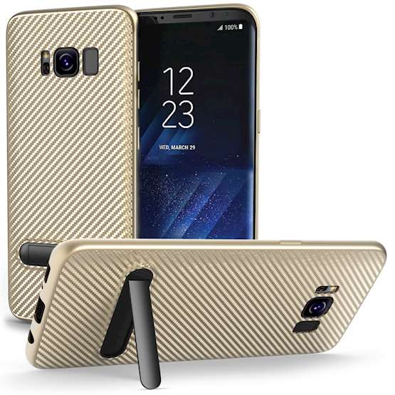 Samsung Galaxy S8 Case, Carbon Fibre Textured Gel Cover | Shock Absorbing | Lightweight & Slim TPU Gel Protection with Stand - Gold