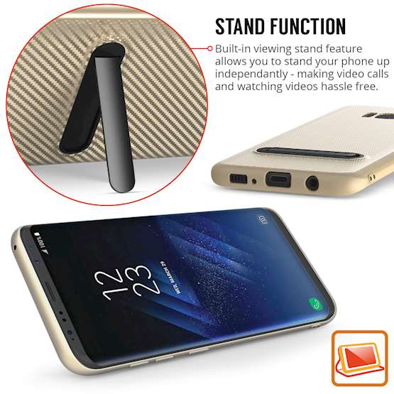 Samsung Galaxy S8 Case, Carbon Fibre Textured Gel Cover | Shock Absorbing | Lightweight & Slim TPU Gel Protection with Stand - Gold