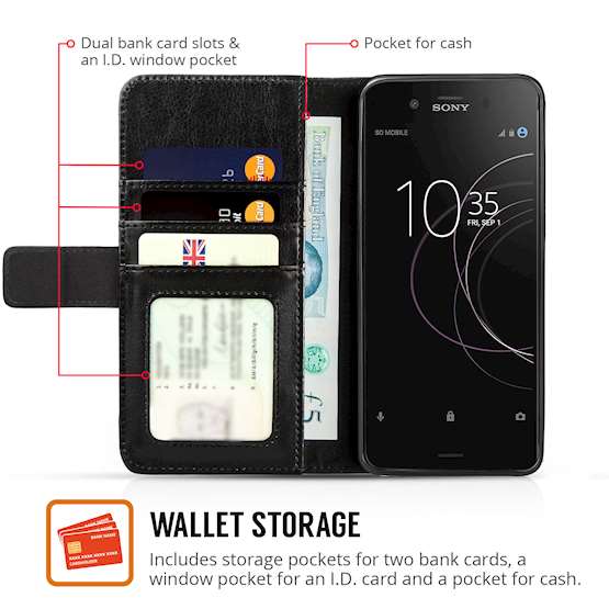 Sony Xperia XZ1 Compact Leather Wallet Case | ID Driving License Slot | Shockproof Protection | Folio Cover With Cash slots, Card Compartments & Magnetic Closure - Black