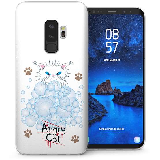 Samsung Galaxy S9 Plus Angry Cat Bubbles Cartoon TPU Gel Case – White